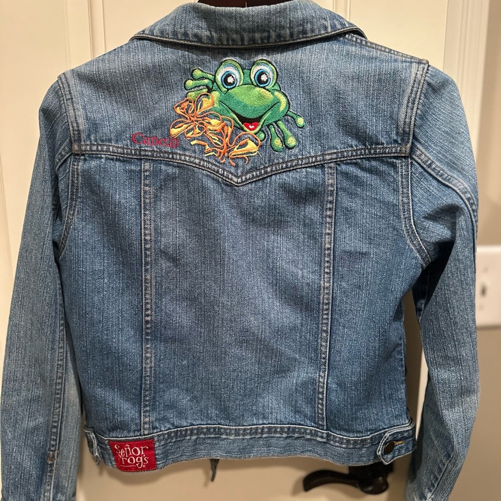 Colorful Frogs Blue Denim Jacket with Frog Design